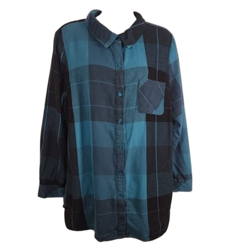 Denim & Co Womens Plaid Flannel Long Sleeve Button Shirt Cotton Pockets Teal L